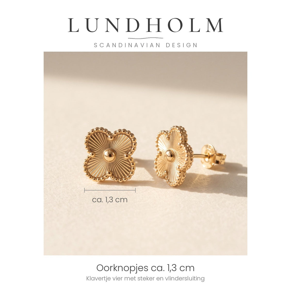 Lundholm Felicia klavertje vier oorknopjes goudkleurig, detail