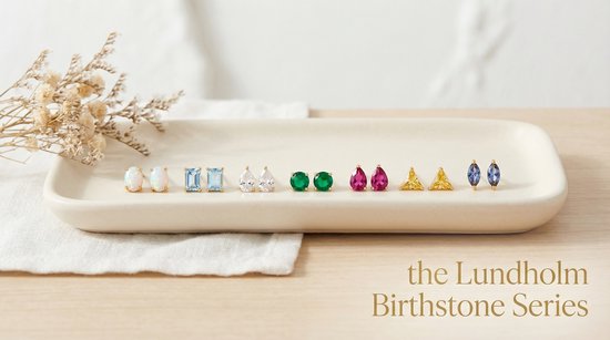 Lundholm Grace Birthstone collectie — alle 7 geboortestenen oorknopjes overzicht goud stainless steel