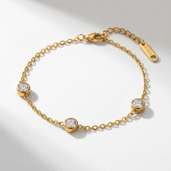 Lundholm Faye schakelarmband goud met zirkonia steentjes — stainless steel PVD gold plated damessieraad