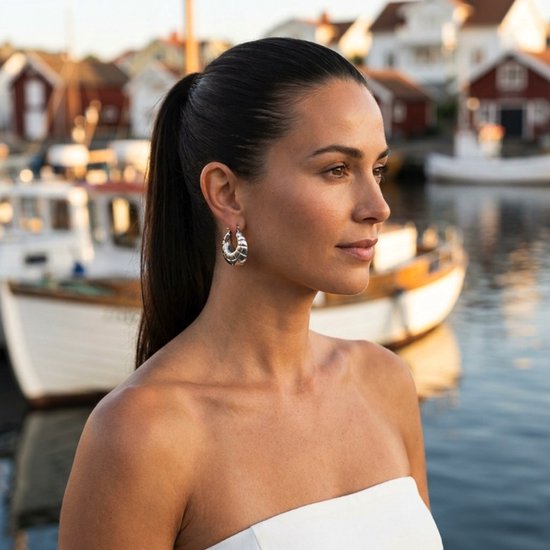 Lundholm Skye oorringen zilverkleurig gedragen – statement hoops