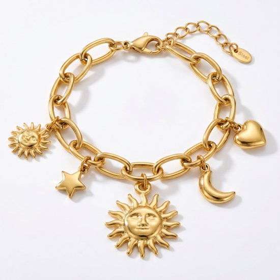 Lundholm Frida armband dames goudkleurig — bedelarmband met zon maan ster hart Scandinavisch design