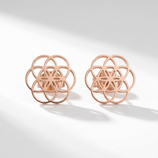 Lundholm Pia oorknopjes roségoud Bloem des Levens — zijaanzicht Flower of Life Scandinavisch