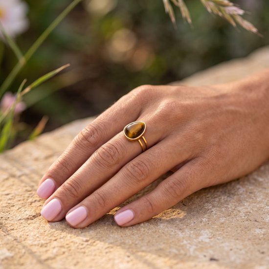 Lundholm Rosan ring bruin tijgeroog detail verstelbare band stainless steel
