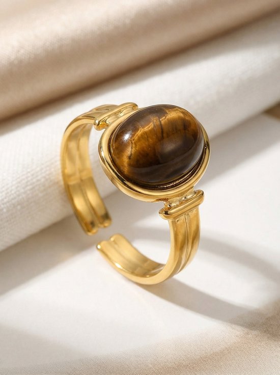 Lundholm Zoleste Bruin Ring Goudkleurig Stainless Steel Bruine Natuursteen