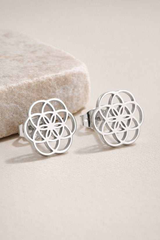 Lundholm Pia oorknopjes zilver Bloem des Levens — close-up Flower of Life PVD plated