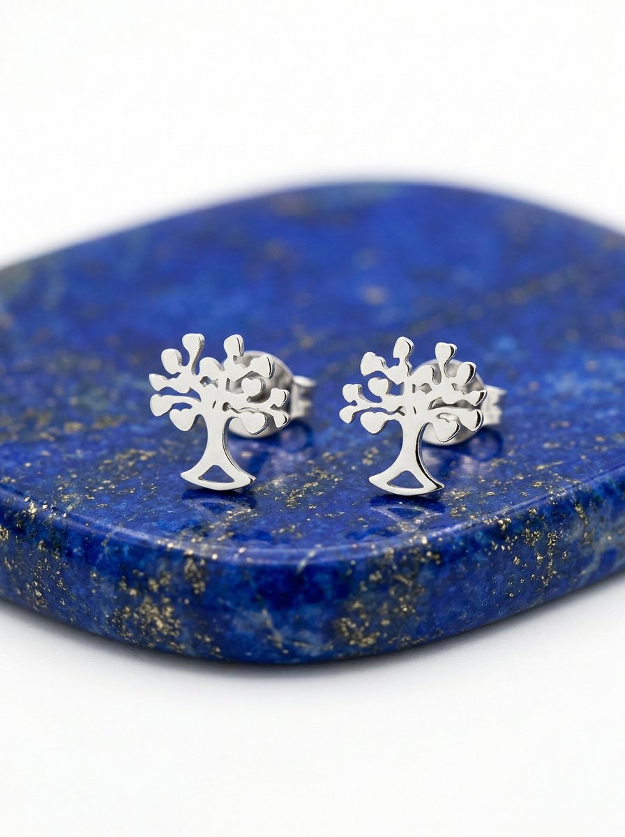 Lundholm Franca levensboom oorknopjes zilver — betekenisvol tree of life stainless steel oorknopjes