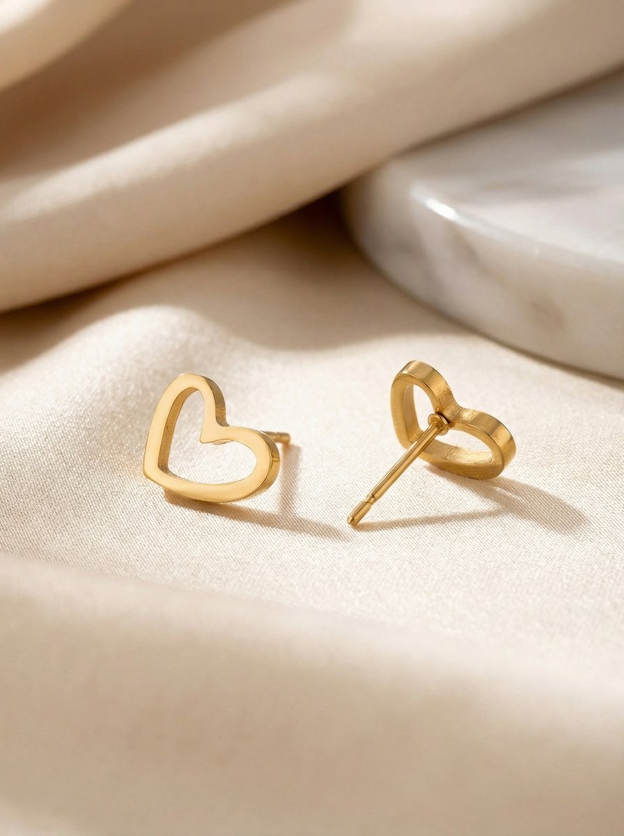 Lundholm Alma oorknopjes dames goudkleurig hartje op satijn lifestyle - premium stainless steel goud verguld - kleine hartjes 0.9 cm - Alma Serie - Scandinavisch design sieraad cadeau voor vrouw moederdag