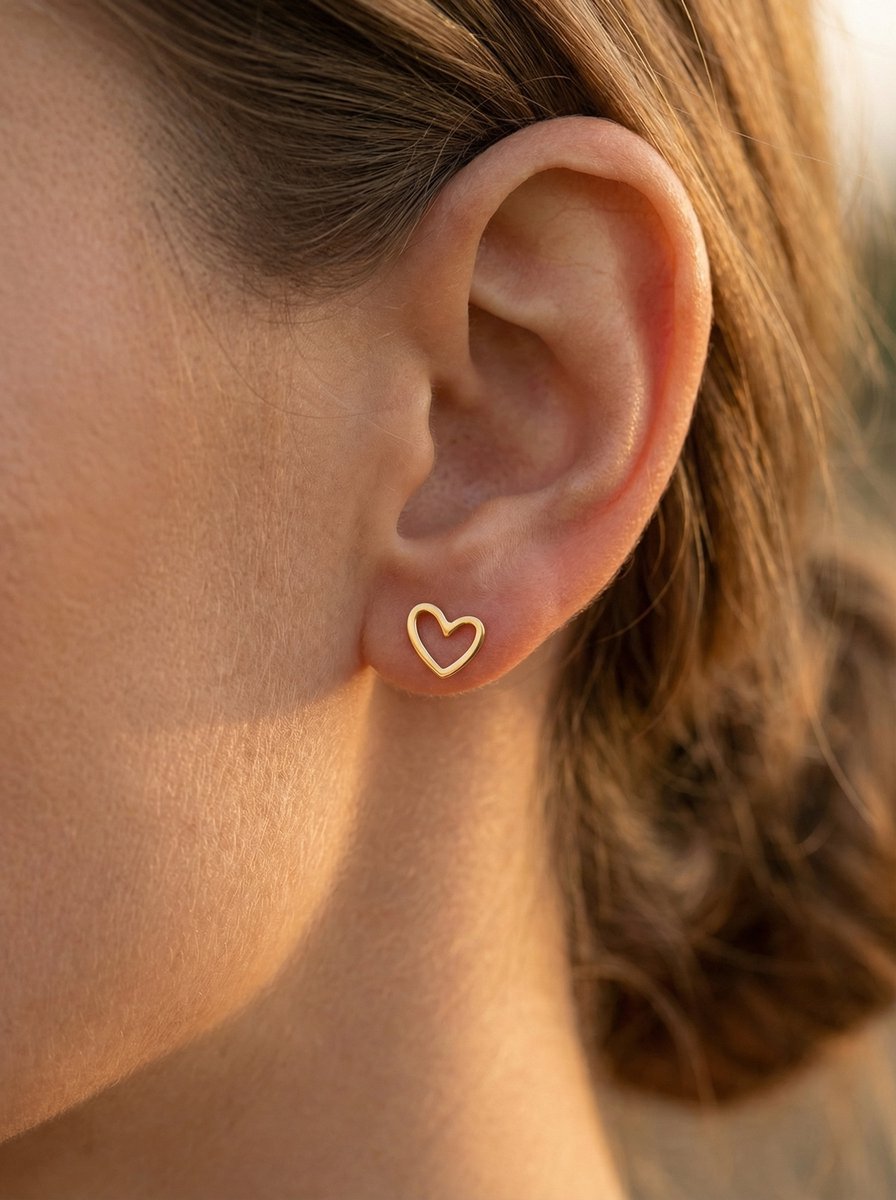 Lundholm Alma oorknopjes dames goudkleurig hartje gedragen door model close-up - premium stainless steel goud verguld - kleine hartjes 0.9 cm - Alma Serie - Scandinavisch design sieraad cadeau voor vrouw