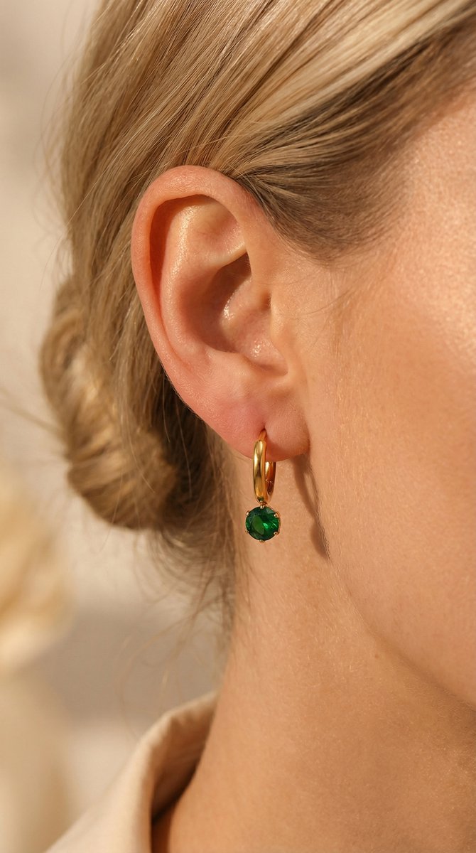 Lundholm Aurelia goudkleurige huggie oorbel voor dames met fonkelende groene smaragd zirkonia hanger, gedragen door vrouw met blond haar voor close-up lookbook lifestyle shoot. Premium stainless steel met PVD gold plating van 2.5 micron, waterproof en hypoallergeen. Een elegant cadeau voor vrouw, moeder of vriendin op Moederdag of verjaardag in Scandinavisch design.