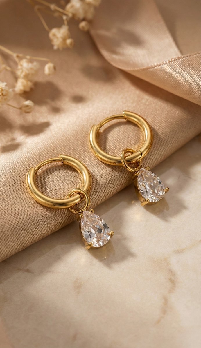 Lundholm Avelie goudkleurige huggie oorbellen voor dames met fonkelende druppel zirkonia steen hangers, gefotografeerd op crème zijde en marmer met gypsofila bloemen voor romantische productshot. Premium stainless steel met PVD gold plating van 2.5 micron, waterproof en hypoallergeen. Een elegant cadeau voor vrouw, moeder of vriendin op Moederdag of verjaardag in Scandinavisch design.