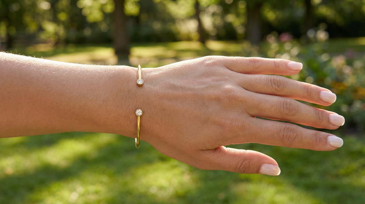 Lundholm Fem Serie open bangle cuff armband dames goudkleurig met zirkonia steentjes gedragen door model op pols in natuur lifestyle - waterproof gold plated PVD 2.5 micron premium stainless steel sieraden cadeau vrouw moederdag verjaardag Scandinavisch Design