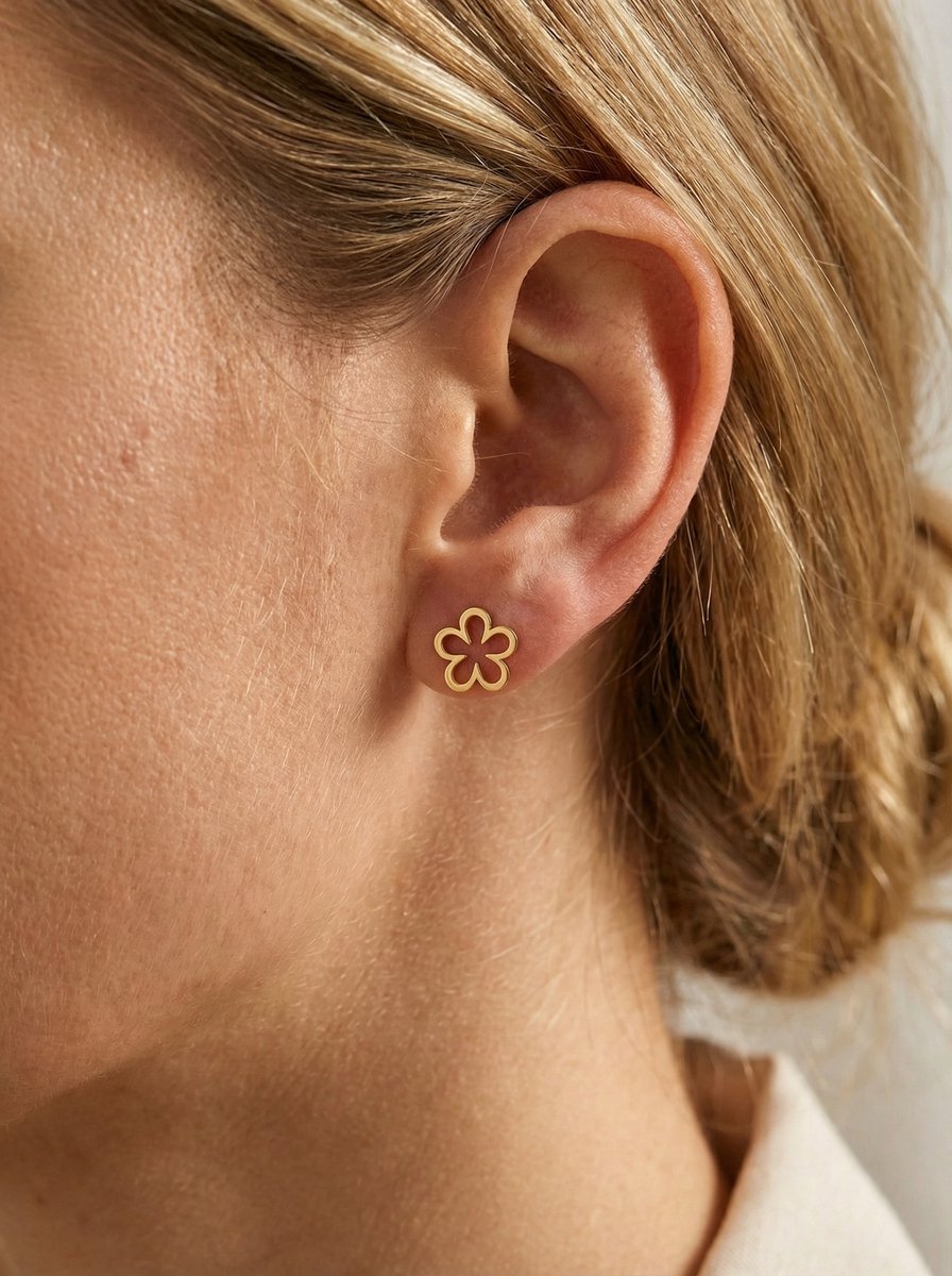 Lundholm Florianne oorknopjes dames goudkleurig bloem - premium stainless steel - elegante bloem oorbellen 0.8 cm - Florianne Serie - Scandinavisch design sieraad cadeau voor vrouw moederdag