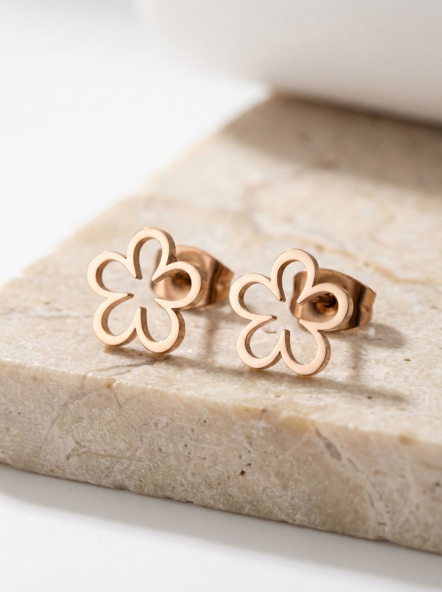 Lundholm Florianne oorknopjes dames rosegoud kleurig bloem - premium stainless steel - elegante rose gold bloem oorbellen - Florianne Serie - Scandinavisch design sieraad cadeau voor vrouw moederdag