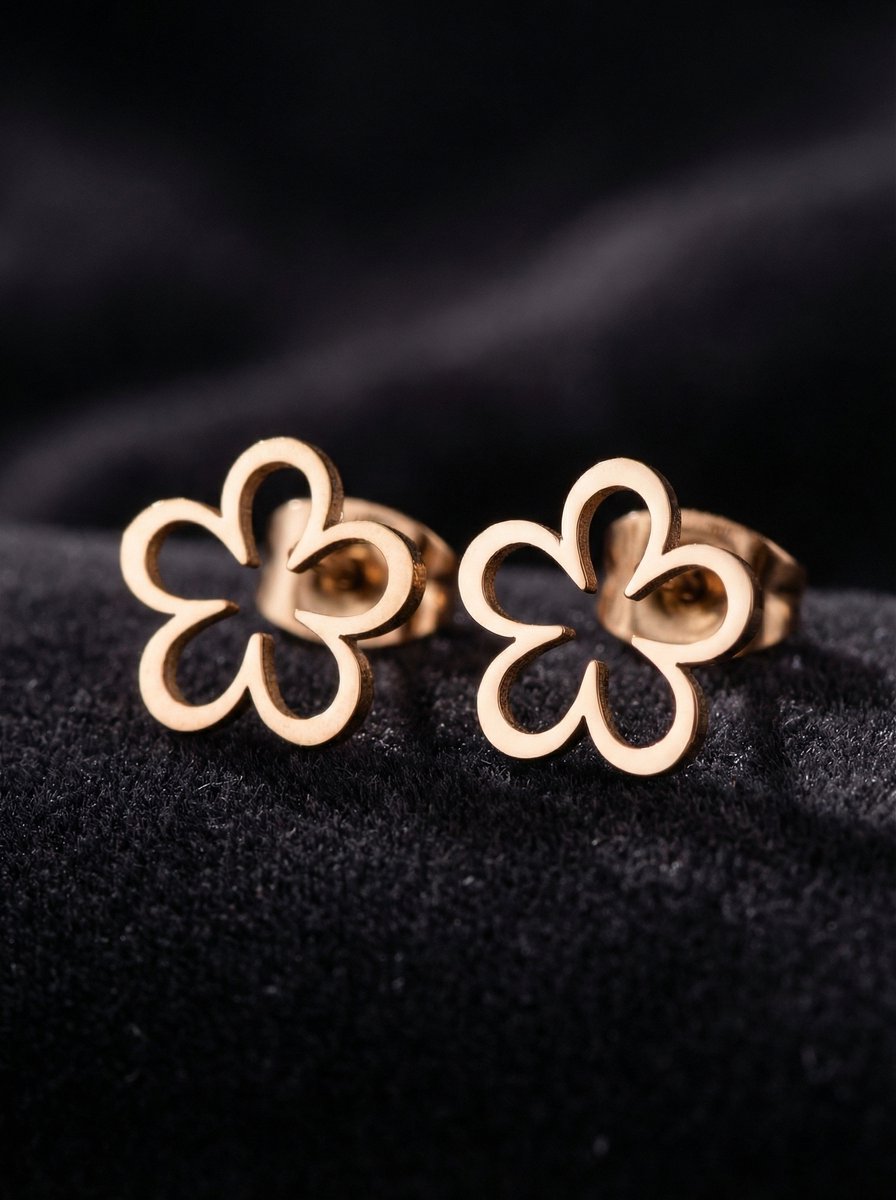 Lundholm Florianne oorknopjes dames rosegoud bloem productfoto op donker fluweel - premium stainless steel - elegante rose gold bloem oorbellen - Florianne Serie - Scandinavisch design sieraad cadeau voor vrouw
