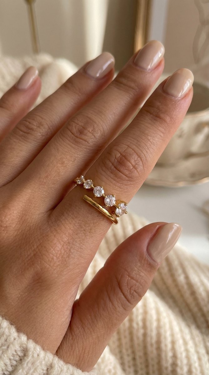 Lundholm Isabeau Serie minimalistische ring dames goudkleurig verguld met zirkonia stenen verstelbaar one size gedragen door model lifestyle - waterproof gold plated PVD premium stainless steel sieraden cadeau vrouw moederdag verjaardag Scandinavisch Design