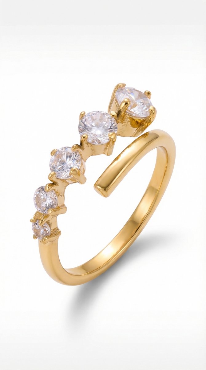 Lundholm Isabeau Serie minimalistische ring dames goudkleurig verguld met zirkonia stenen verstelbaar one size productfoto - waterproof gold plated PVD premium stainless steel sieraden cadeau vrouw moederdag verjaardag Scandinavisch Design