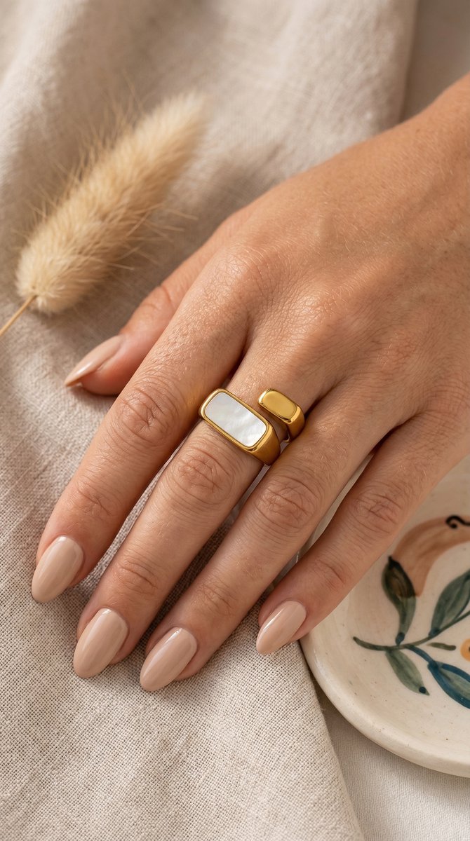 Lundholm Jiske Serie statement ring dames goudkleurig met witte parelmoer steen verstelbaar one size gedragen door model lifestyle - waterproof gold plated PVD 2.5 micron premium stainless steel sieraden cadeau vrouw moederdag verjaardag Scandinavisch Design