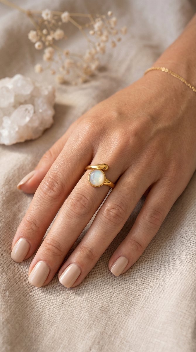 Lundholm Jolijn Serie ring dames goudkleurig met witte natuursteen maansteen verstelbaar one size gedragen door model op linnen lifestyle - waterproof gold plated PVD 2.5 micron premium stainless steel sieraden cadeau vrouw moederdag verjaardag Scandinavisch Design