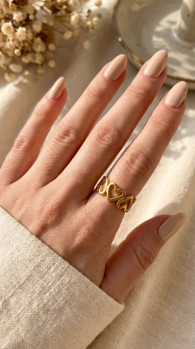 Lundholm Kara Serie hartjes liefde ring dames goudkleurig verguld verstelbaar one size gedragen door model lifestyle - waterproof gold plated PVD premium stainless steel sieraden cadeau vrouw moederdag verjaardag Scandinavisch Design