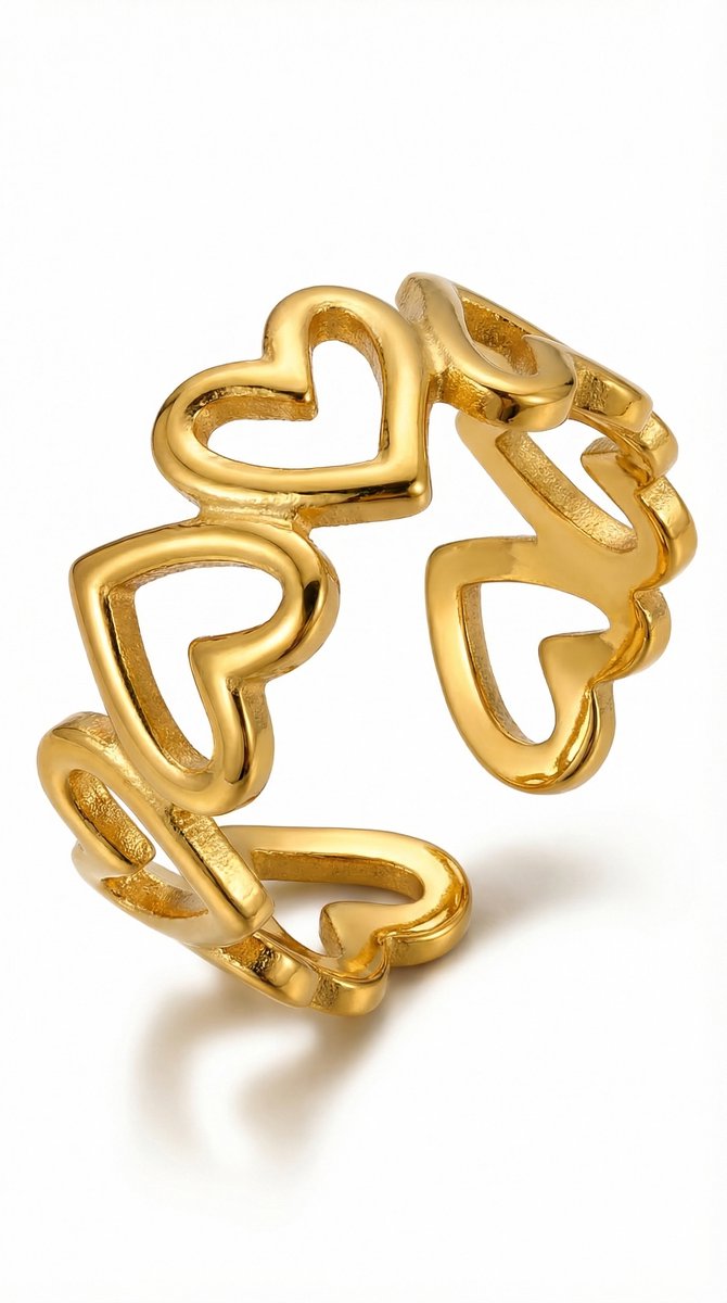 Lundholm Kara Serie hartjes liefde ring dames goudkleurig verguld verstelbaar one size productfoto - waterproof gold plated PVD premium stainless steel sieraden cadeau vrouw moederdag verjaardag Scandinavisch Design