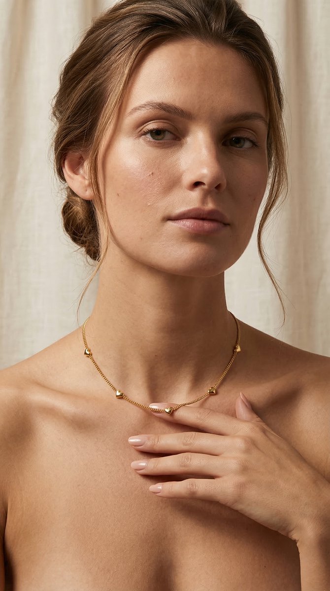 Lundholm minimalistische ketting dames goudkleurig verguld met mini hartjes 40cm gedragen door model lookbook portret editorial - waterproof gold plated PVD premium stainless steel sieraden cadeau vrouw moederdag verjaardag Scandinavisch Design