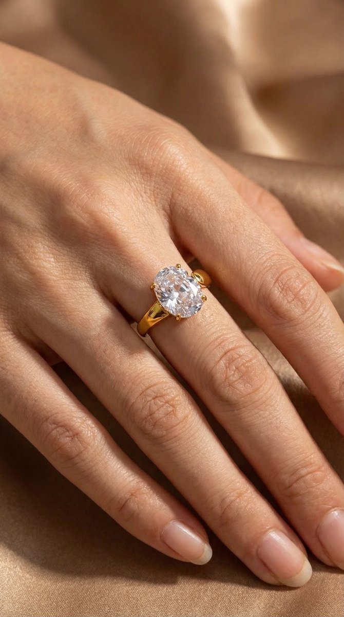 Lundholm Lenore goudkleurige verstelbare statement ring voor dames met grote ovale zirkonia steen, gedragen door vrouw met hand op zijde voor luxe lookbook lifestyle shoot. Premium stainless steel met PVD gold plating van 2.5 micron, waterproof en hypoallergeen. Een opvallend cadeau voor vrouw, moeder of vriendin op Moederdag of verjaardag in Scandinavisch design.