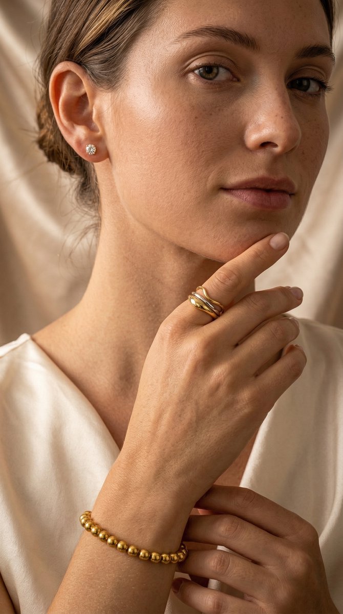 Lundholm Lorijn Serie tweekleurige waves ring dames goud en zilver asymmetrisch verstelbaar one size minimalistisch gedragen door model lookbook portret editorial - waterproof gold plated PVD 2.5 micron premium stainless steel sieraden cadeau vrouw moederdag verjaardag Scandinavisch Design