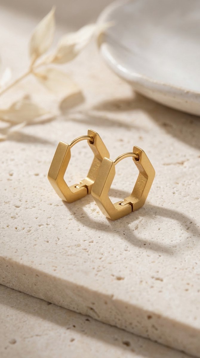Lundholm Lot Serie hexagon chunky oorringen oorbellen dames goudkleurig verguld op crème travertijn steen met droogbloemen lifestyle - waterproof gold plated PVD premium stainless steel sieraden cadeau vrouw moederdag verjaardag Scandinavisch Design