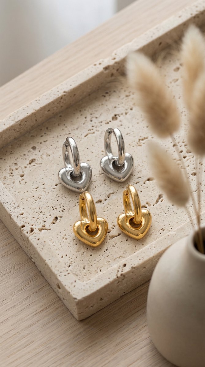 Lundholm Lovea Serie chunky hartje oorbellen dames goudkleurig en zilverkleurig samen op travertijn steen met droogbloemen lifestyle - waterproof gold plated PVD premium stainless steel sieraden cadeau vrouw moederdag verjaardag Scandinavisch Design