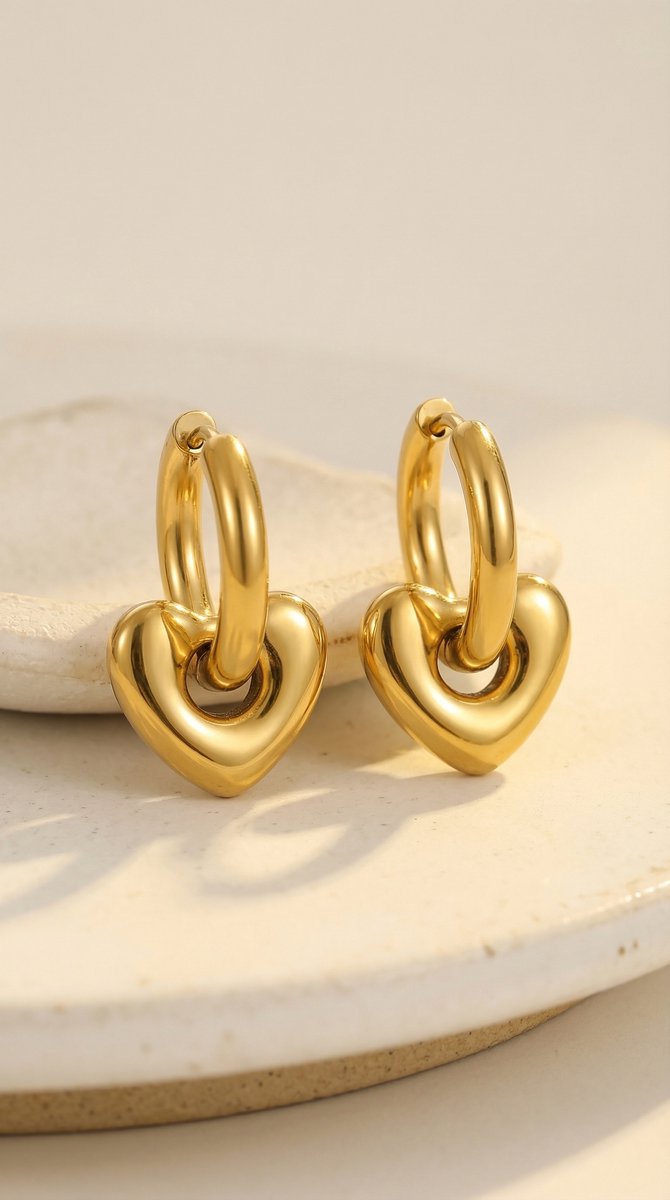 Lundholm Lovea Serie chunky hartje oorbellen dames goudkleurig op crème keramische schaal - waterproof gold plated PVD premium stainless steel sieraden cadeau vrouw moederdag verjaardag Scandinavisch Design