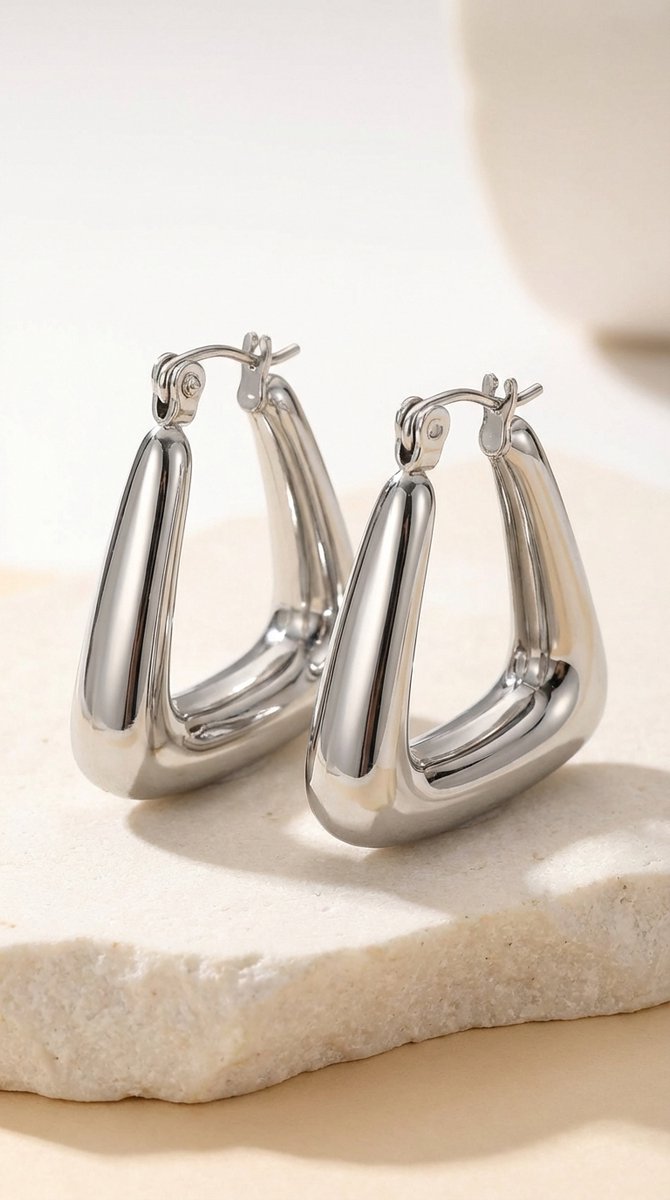 Lundholm Lymee Serie luxe oorbellen voor dames in zilverkleurig met chunky design op marmeren ondergrond, gemaakt van premium stainless steel met PVD coating, waterproof en hypoallergeen, productfoto, perfect cadeau voor vrouw, moederdag of verjaardag in Scandinavisch design.