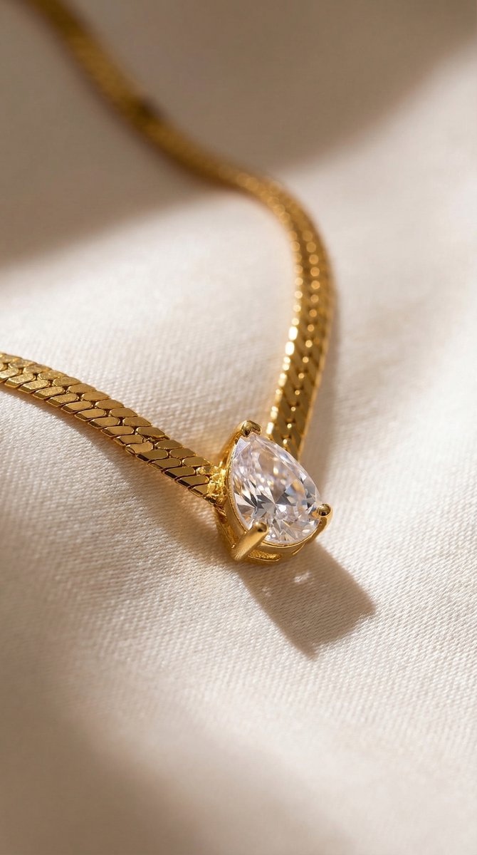 Lundholm My Ariane Serie luxe platte schakelketting dames goudkleurig verguld met druppel zirkonia steen hanger close-up macro detail - waterproof gold plated PVD premium stainless steel sieraden cadeau vrouw moederdag verjaardag Scandinavisch Design