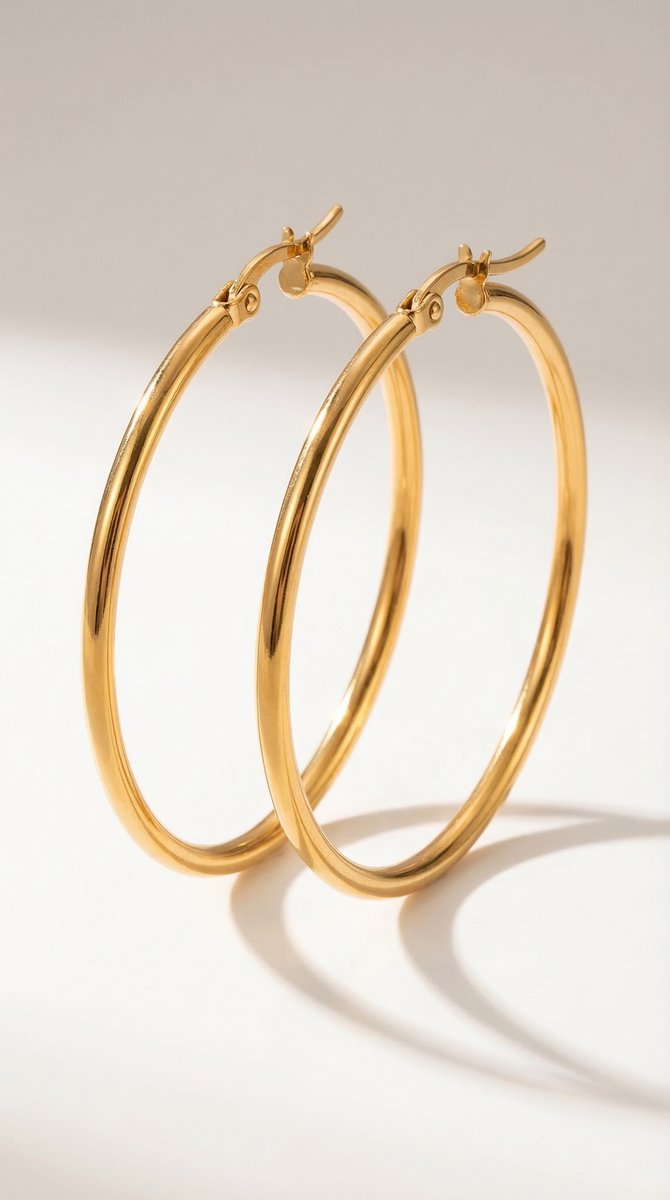 Lundholm Eefje grote hoops goud 4,3 cm op crème achtergrond — productfoto luxe styling
