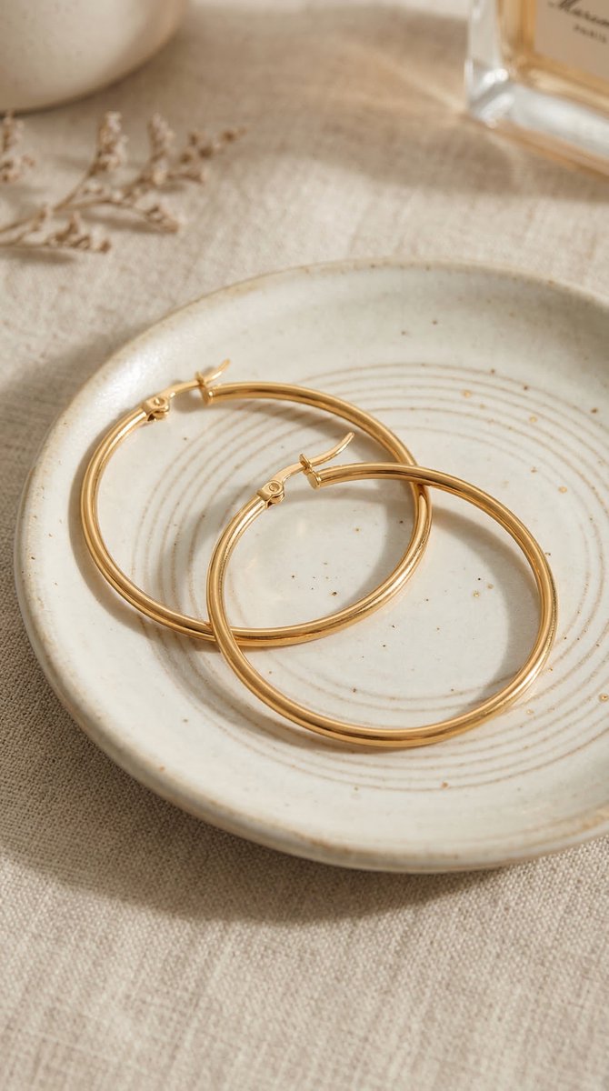Lundholm Eefje grote hoops goud op keramische schaal — productfoto styling