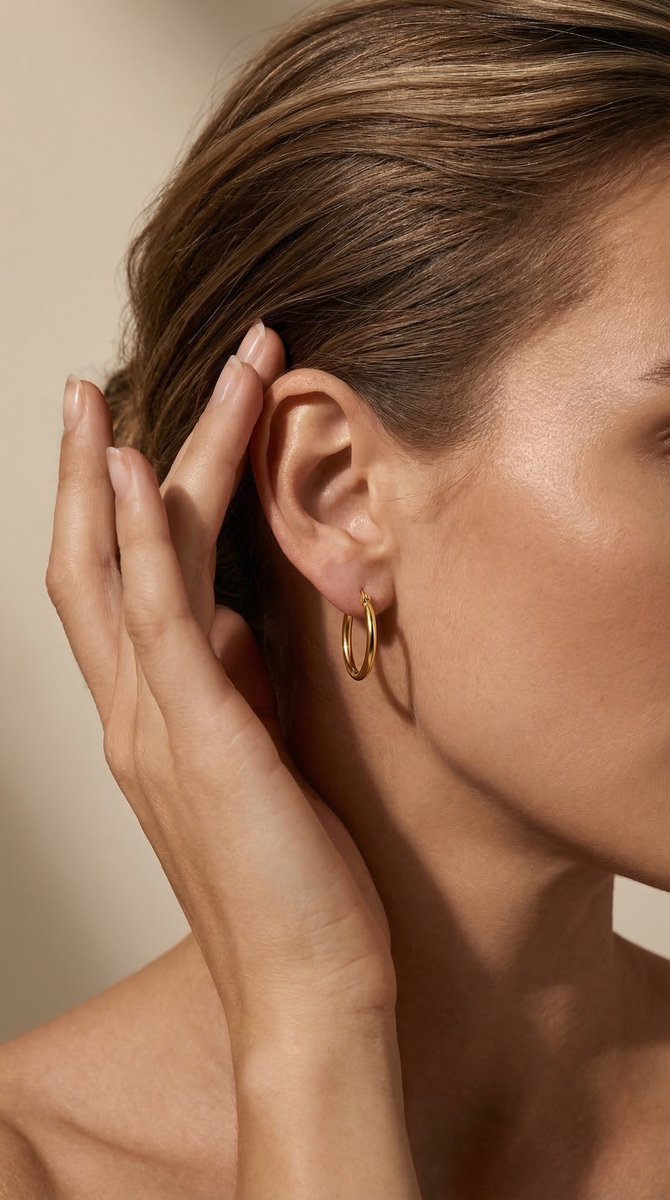 Lundholm Eefje kleine hoops goud 2 cm — lifestyle close-up oor minimalistisch ear stack