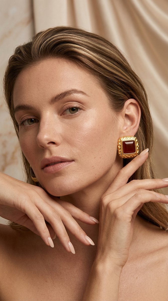 Lundholm My Felina Serie vintage stijl grote oorbellen oorknopjes dames goudkleurig verguld met bordeaux rode steen gedragen door model lookbook portret editorial - waterproof gold plated PVD premium stainless steel sieraden cadeau vrouw moederdag verjaardag Scandinavisch Design