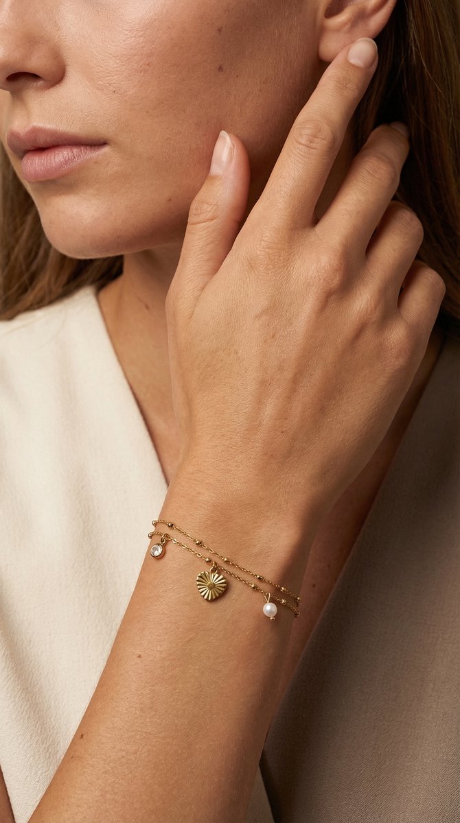 Lundholm My Lizzy Serie dubbel laags bedel armband dames goudkleurig met parel bedels en zonnebloem charm gedragen door model lifestyle - waterproof gold plated PVD premium stainless steel sieraden cadeau vrouw moederdag verjaardag Scandinavisch Design