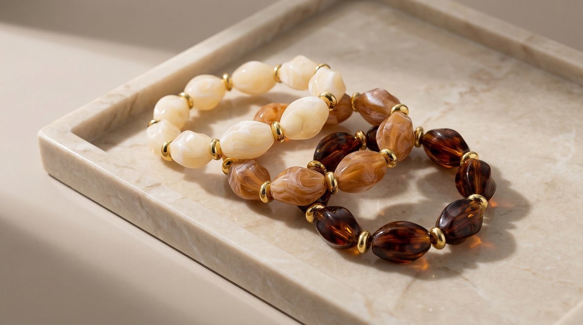 Lundholm My Mace Serie kralen armband dames in drie kleuren beige bruin en donker bruin tortoise samen op marmeren schaal lifestyle - waterproof gold plated PVD premium stainless steel sieraden cadeau vrouw moederdag verjaardag Scandinavisch Design