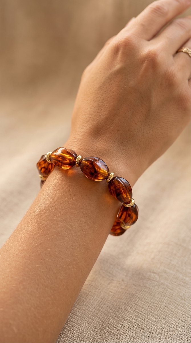 Lundholm My Mace Serie kralen armband dames donker bruin tortoise schildpad design gedragen door model op pols lifestyle - waterproof gold plated PVD premium stainless steel sieraden cadeau vrouw moederdag verjaardag Scandinavisch Design