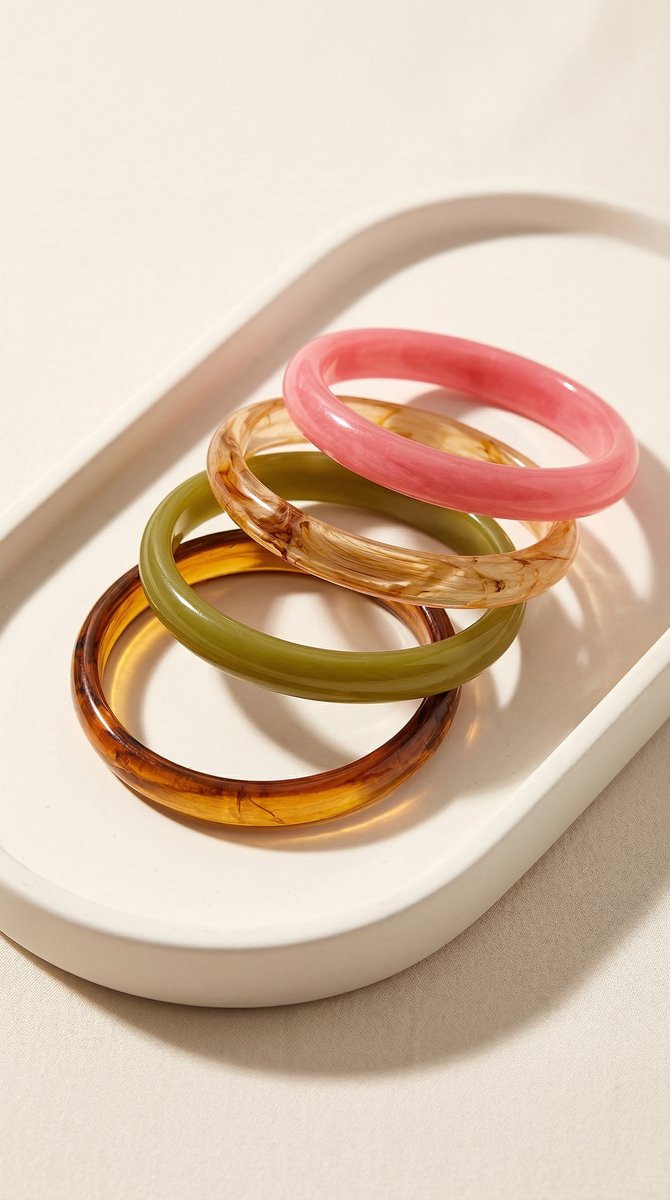 Lundholm My May Serie statement bangle armband dames in vier kleuren roze beige olijfgroen en tortoise bruin acryl samen op crème dienblad lifestyle - cadeau vrouw vriendin moederdag verjaardag Scandinavisch Design