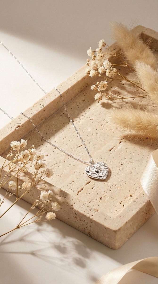 Lundholm My Monica Serie ketting dames zilverkleurig met gehamerd hartje hanger lifestyle op travertijn steen met droogbloemen - waterproof premium stainless steel sieraden cadeau vrouw moederdag verjaardag Scandinavisch Design