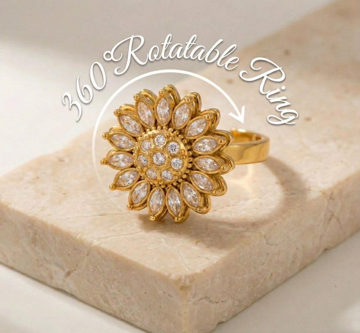 Lundholm Ophelia Serie luxe ring voor dames in goudkleurig met bloemvormige zirkonia 360 graden draaibare anti-anxiety statement ring verstelbaar one size, gemaakt van premium stainless steel met PVD coating van 2.5 micron, waterproof en hypoallergeen, perfect cadeau voor vrouw, moederdag of verjaardag in Scandinavisch design.