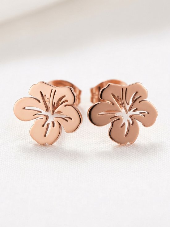 Lundholm Tropicana oorknopjes dames rosegoud hibiscus bloem close-up - premium stainless steel - Tropicana Serie - Scandinavisch design botanisch sieraad cadeau voor vrouw moederdag verjaardag