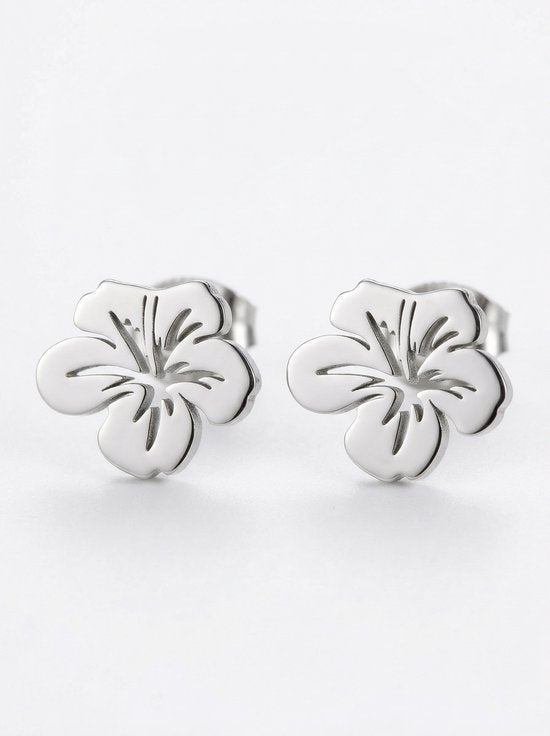 Lundholm Tropicana zilverkleurige hibiscus bloem oorknopjes dames productfoto witte achtergrond - waterproof premium stainless steel sieraden cadeau vrouw moederdag verjaardag Scandinavisch Design