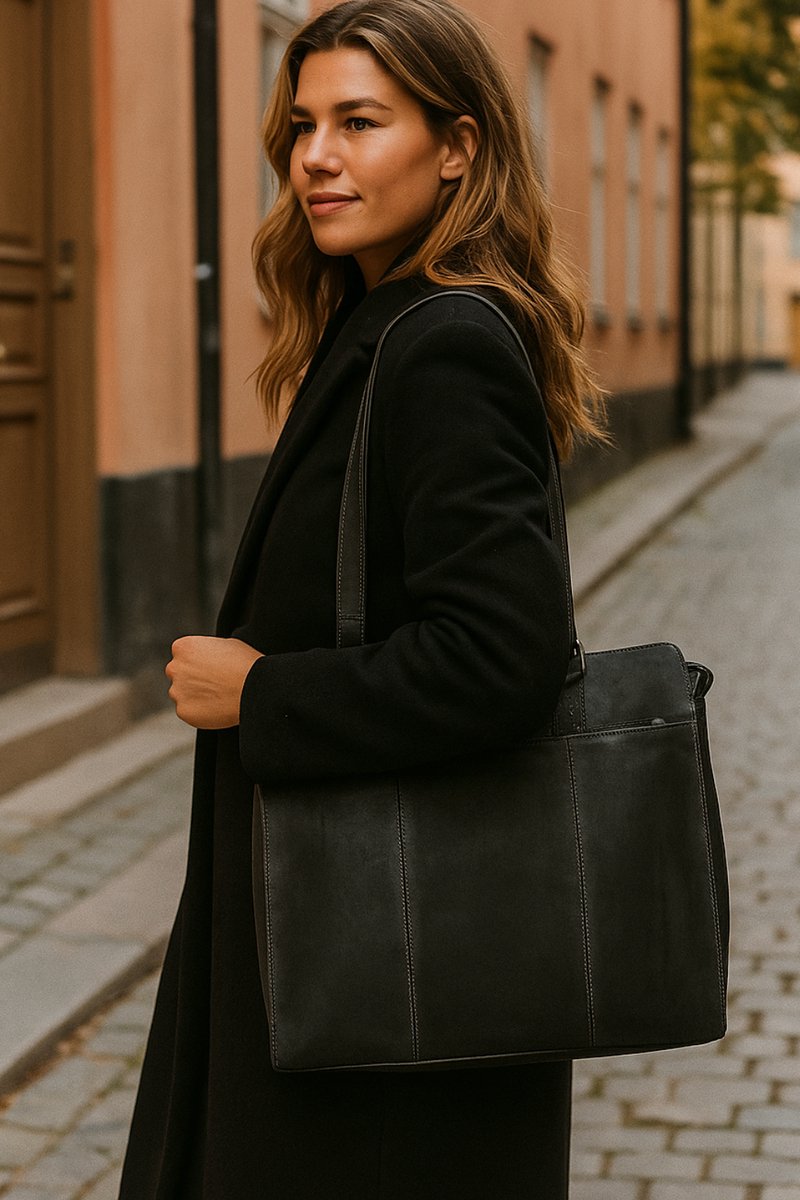 Lundholm Leren Laptoptas Dames 15 6 inch laptop – Zwart – Luxe Tote Bag van Echt Leer – 15.6 inch Laptopvak – Stijlvolle Werktas Vrouwen Cadeaus – Duurzaam & Professioneel – Premium Kwaliteit