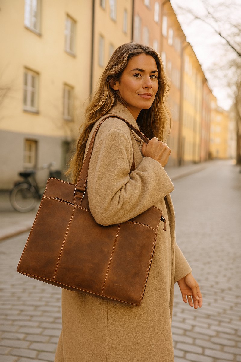 Lundholm Luxe Leren Laptoptas Dames – Bruin – Luxe Tote Bag van Echt Leer – 15.6 inch Laptopvak – Stijlvolle Werktas Vrouwen – Duurzaam & Professioneel – Premium Kwaliteit
