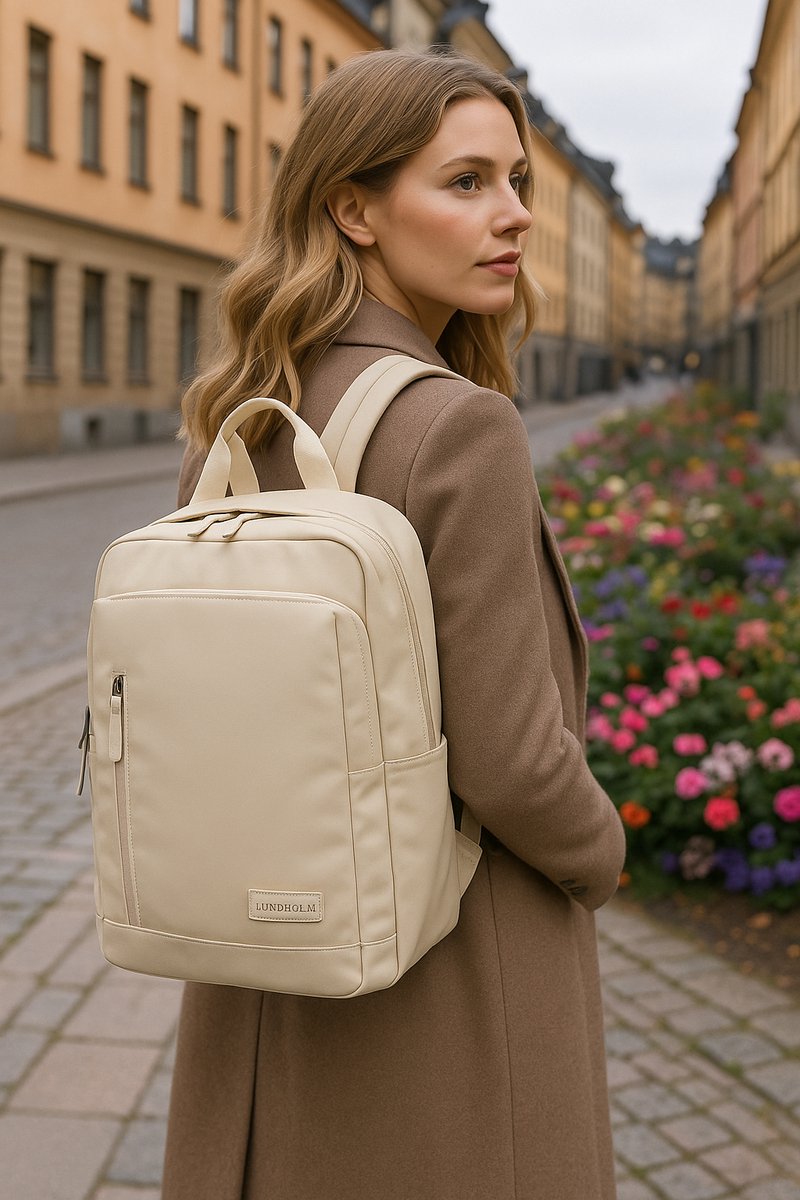 Lundholm Rugzak Dames 15.6 inch laptoptas Beige - Handbagage, waterdichte rugtas met laptopvak 24L - vrouwen cadeautjes - Scandinavisch Design