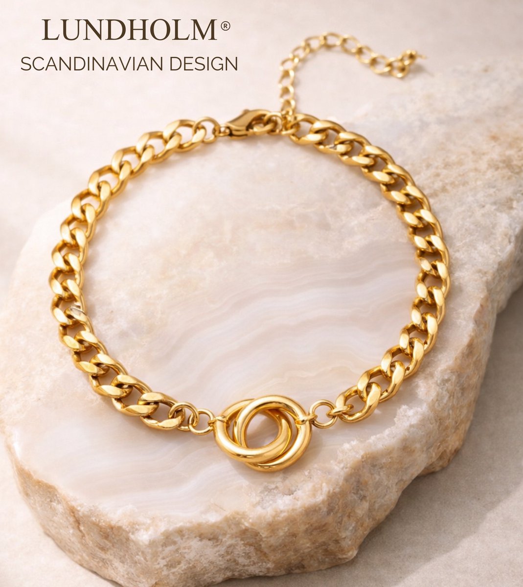 Lundholm Armband Dames Goud kleurig Schakelarmband – Premium Stainless Steel Jewellery Gold Plated – Gouden Armband met Verbonden Ringen My (16 + 4 cm) – Luxe Geschenkverpakking – Cadeau voor Haar