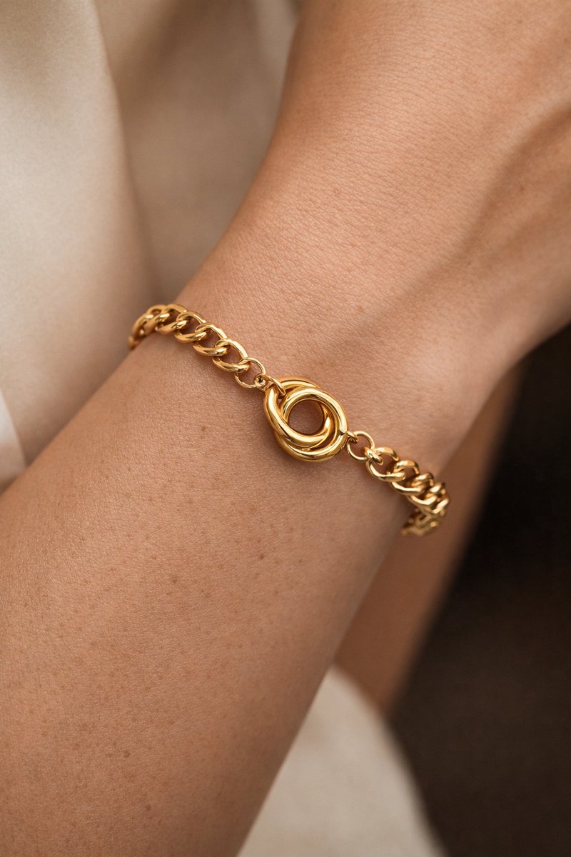 Lundholm Armband Dames Goud kleurig Schakelarmband – Premium Stainless Steel Jewellery Gold Plated – Gouden Armband met Verbonden Ringen My (16 + 4 cm) – Luxe Geschenkverpakking – Cadeau voor Haar