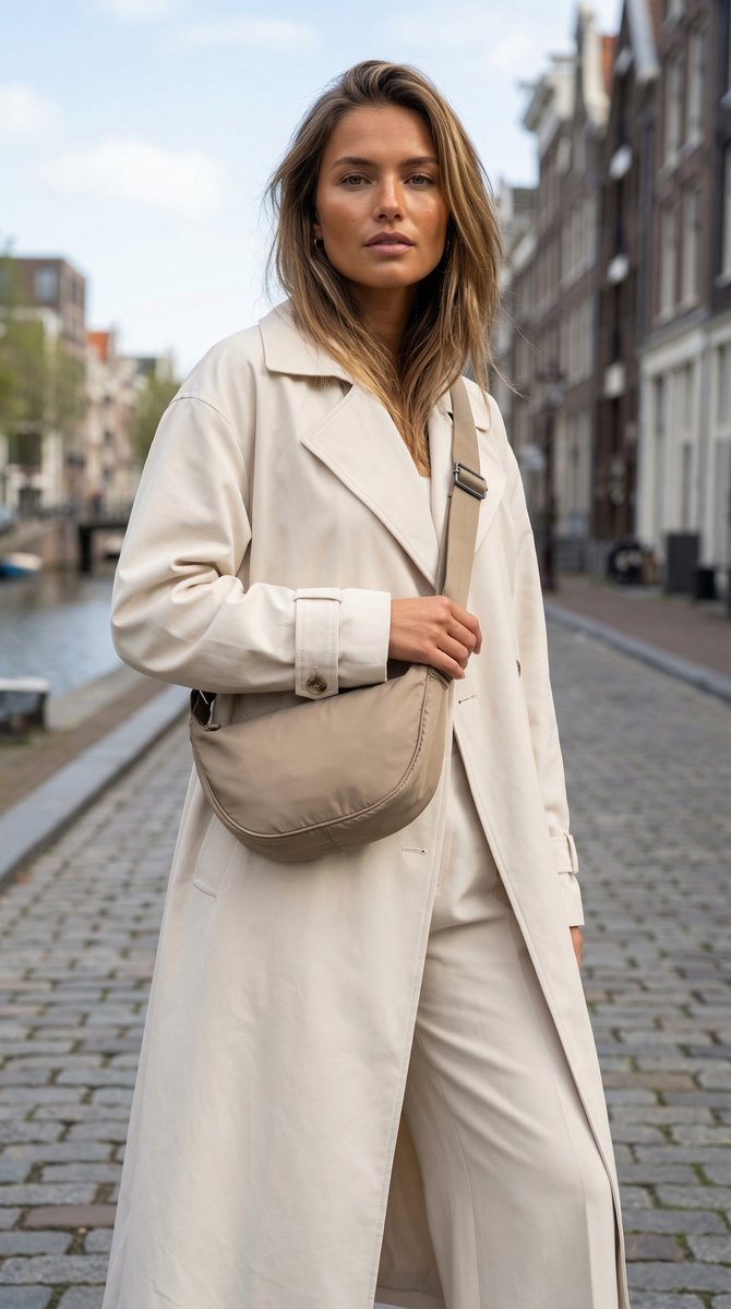 Lundholm Stavanger heuptas dames taupe — banana bag/fanny pack lichtgewicht nylon, anti-diefstal ritsvak achter. Crossbody of heuptas drag-mode
